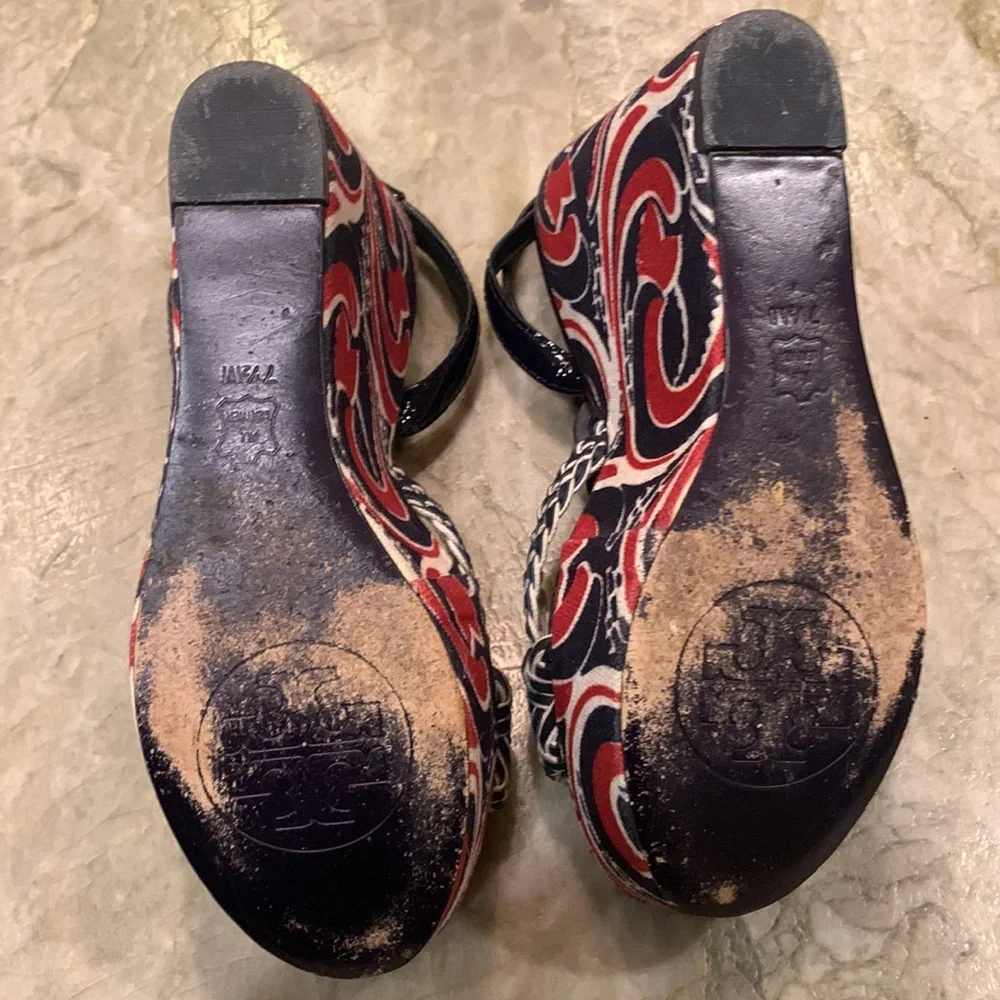 Tory Burch wedge sandals- navy and red design- 7.5